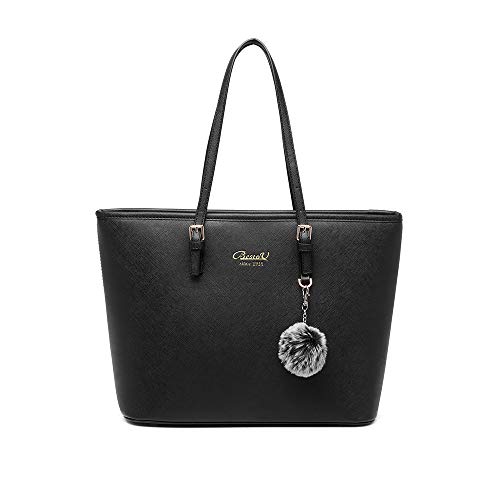 Handtasche Damen Schwarz Shopper Elegant Damen Groß Leder Handtasche Tasche für Büro Schule Einkauf mit Pelz Kugel Plüsch Schlüsselring (Verbesserte Version) (Schwarz)