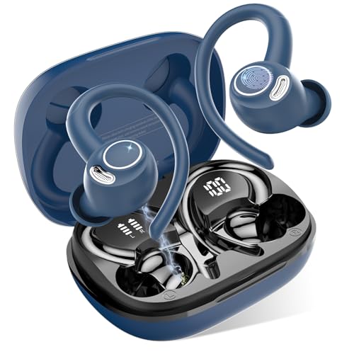 Bluetooth Kopfhörer Sport, in Ear Kopfhörer Kabellos Bluetooth 5.3 mit HD Mic, Herausragender Sound, 40 Std Spielzeit, Comfort Fit, Dual LED-Anzeige, IP7 Wasserdicht Ohrhörer mit Ohrhaken, Blau