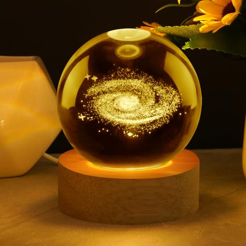 Vicloon 3D Kristallkugel Nachtlicht, USB 3D Galaxie Kristallkugel, 6cm Warmes Licht LED Ball Lampe mit Holzsockel,Planeten Lampe für Weihnachts Valentinstag Astronomie Geschenk