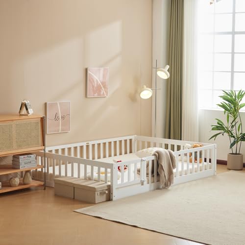 LEADZM 2in1 Bodenbett Montessori Kinderbett mit freiem Tor, Rausfallschutz & Lattenrost | Gitterbett, Jugendbett & Einzelbett (weiß, 90×200 cm) – 2 Größen, Tragfähigkeit bis 300 kg, umbaubar