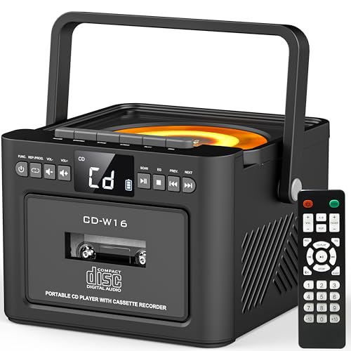 Greadio CD Player Tragbar, Boombox Kassettenspieler mit UKW Radio, Bluetooth 5.1, 5000mAh wiederaufladbare Akku, Fernbedienung, AUX/USB/SD Karte-In, 5W Lautsprecher, LED Bildschirm (Schwarz)