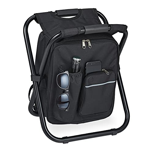 Relaxdays Campinghocker mit Tasche, klappbar, tragbar, leicht, stabil, HBT 42x35x29 cm, Sitzrucksack, Polyester, schwarz