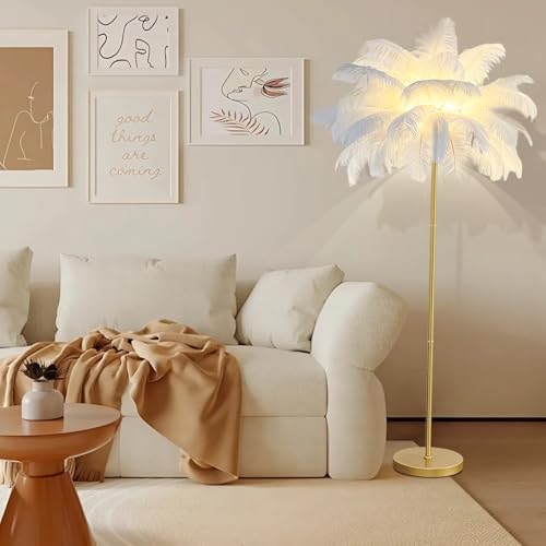 LED Stehlampe, Gold Stehleuchte mit Federn Lampenschirm,Standleuchte mit 3 Farbe,Lampe Palme Federlampe Für Deko Home,Wohnzimmer,Schlafzimmer,Livestream und Fotohintergrund (Weiß,160cm,Fußschalter)