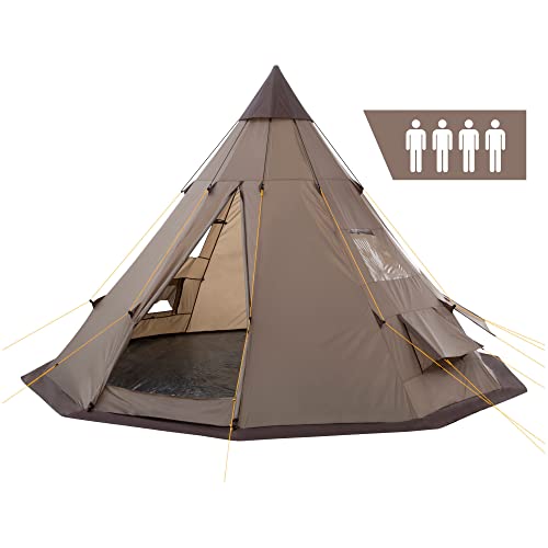 CampFeuer Tipi Zelt Spirit für 4 Personen | Braun | Indianerzelt für Camping, Wandern, 3000 mm Wassersäule | Firstzelt, Pyramidenzelt, Rundzelt | Gruppenzelt, Campingzelt, Familienzelt