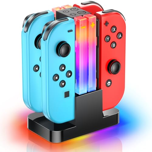 Wenocally Switch-Controller-Ladestation, kompatibel mit Nintendo Switch für Joy-Con und OLED-Modell-Controller mit 6 RGB-Lichtmodi und Timerfunktion, Switch-Ladestationsständer mit Typ-C-Kabel