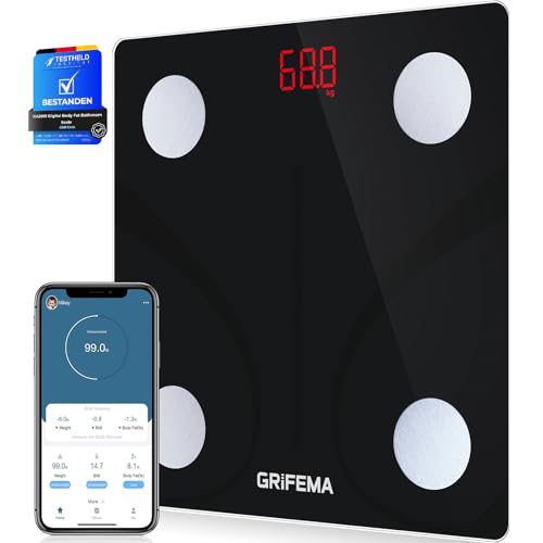 GRIFEMA Digitale Personenwaage, Waage mit Körperfett und Muskelmasse, Bluetooth Körperfettwaage mit App, für BMI, Protein, Schwarz [Exklusiv bei Amazon]