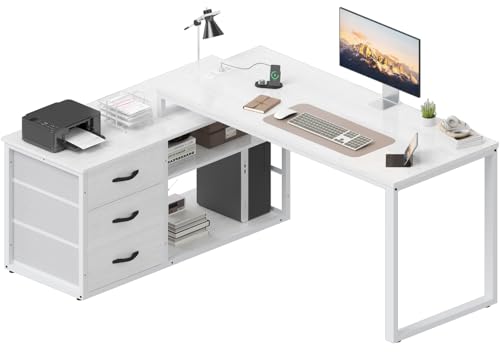 TRIUMPHKEY Schreibtisch l Form mit 3 Schubladen&Stauraum, 140 x 105 x 75 cm Reversible Eckschreibtisch, L-förmiger Schreibtisch mit 2 USB-Ladeanschlüssen und 2 Steckdosen, Weiß