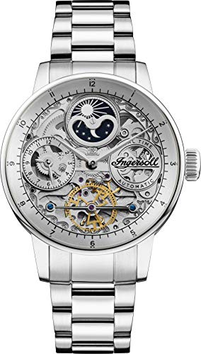 Ingersoll The Jazz 42 mm Automatik-Mondphasenuhr für Herren silbernem Skeleton-Zifferblatt und silbernem Edelstahlarmband I07703