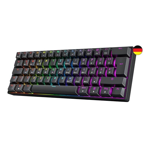 GK61 Hot-Swap Mechanische Gaming-Tastatur - 62 Tasten Mehrfarbige RGB-LED-Hintergrundbeleuchtung für PC-/Mac-Spieler - ISO Deutsches Layout (Gateron Optical Black, Schwarz)