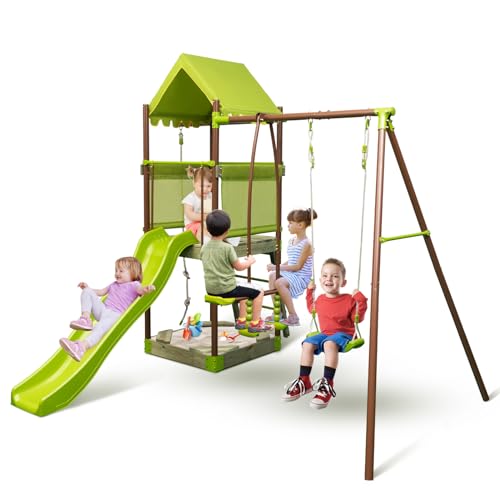 KOMFOTTEU Kinder Spielturm Klettergerüst, 7 in 1 Kinderspielplatz mit Rutsche, Klettergerüst, Kinderschaukel & Wippe, Kletterturm Spielhaus für Kinder von 3-7 Jahren