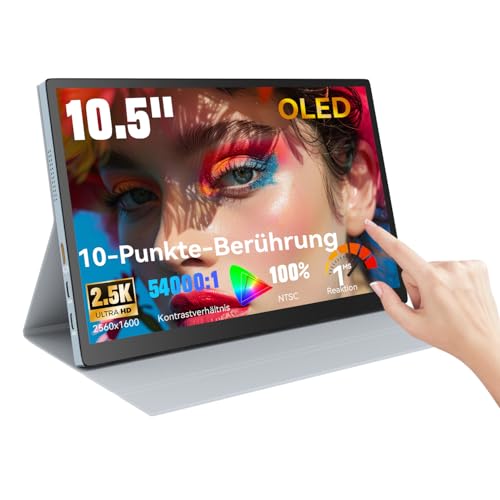 10,5' OLED Touchscreen Tragbarer Monitor, 2.5K 2560x1600, 100% NTSC, 54000:1 Kontrast, Mini Second Touch Display mit Schutzhülle & Lautsprecher, USBC, HDMI, kleiner Bildschirm für Laptop Mini PC phone