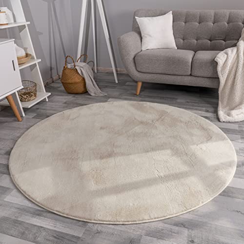 TT Home Wohnzimmer Teppich Hochflor Langflor Kunstfell Weich Modern Unifarben Flauschig, Farbe: Creme, Größe:80 cm Rund