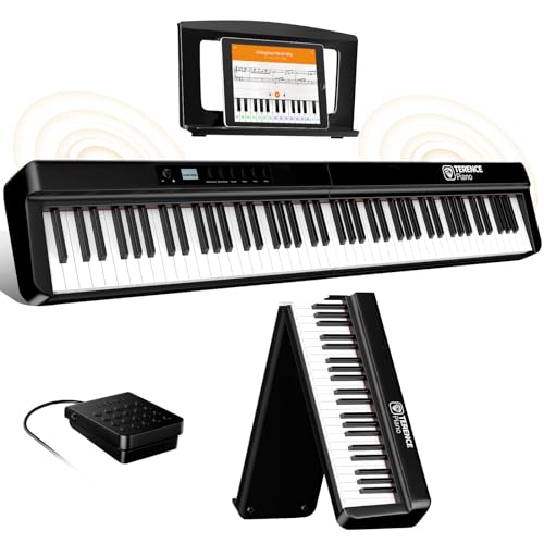 TERENCE E Piano 88 Tasten Faltbares Digital Piano mit 2000mAh Batterie unterstützung MIDI-USB Audio-Bluetooth mit 2x25W Lautsprecher Sustain Pedal Notenständer Aufkleber Audiokabel Kopfhörer