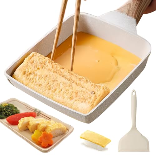 WANDGU Tamagoyaki Pfanne Induktion: Rechteckige Japanische Omlettenpfanne mit Isoliertem Holzgriff, Antihaft Tamagoyaki Pfanne, Rührei Pfanne Antihaft für Gebratenes, Frühstück, Eier, Wurst 18x15 cm
