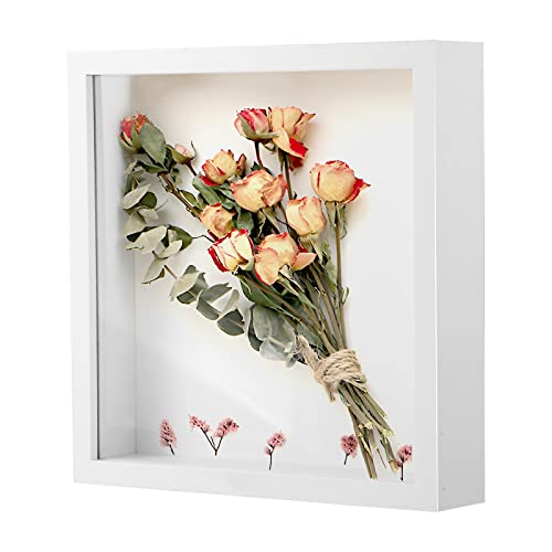 3D Bilderrahmen 20x20x4.4 cm, Objektrahmen Tief Bilderrahmen zum Befüllen Rahmen Quadratisch Rahmen für Muttertag Fotos Blumen Hochzeitsstrauß DIY Deko Wand/Schreibtisch (Weiß)