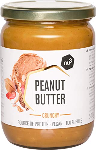 nu3 Vegan Protein Erdnussbutter ohne Zucker (500g, crunchy) mit 28g Protein pro 100g - Peanut Butter mit natürlichem Erdnussmus ohne Zucker, Salz und Palmöl, glutenfreies, vielseitig nutzbares Nussmus