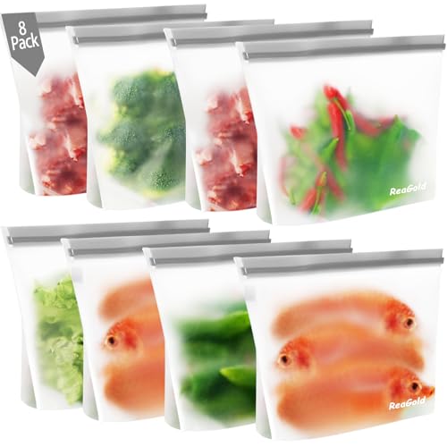 8 Stück Gefrierbeutel Wiederverwendbar mit Stehendes Boden-Design, ReaGold Silikonbeutel für Lebensmittel, Aufbewahrungsbeutel Sandwichbeutel Küche Beutel für Gemüse Milch Snacks Fleisch