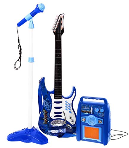 Rock-Gitarre mit Stahlsaiten, Verstärker, verstellbare Stativ und Mikrofon - Rockgitarre für Kinder - Kinder-Gitarre - Rock Guitar - Spielzeug-Gitarre - Gitarre mit Spielfunktionen - Kleinkind Musikinstrument - erste Gitarre für Kleinkind - BLAU