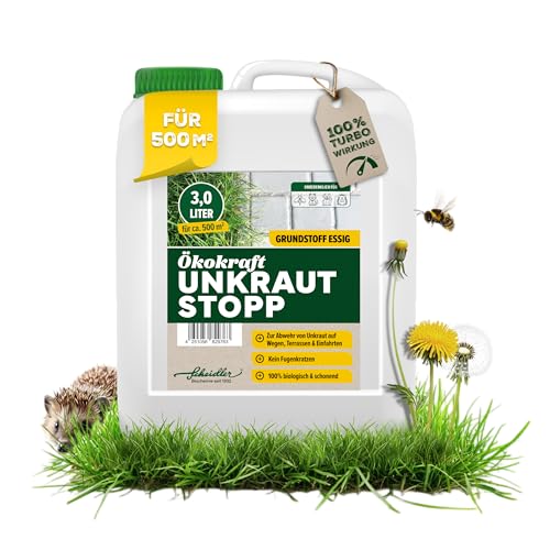 Scheidler Ökokraft Unkraut-Stopp Grundstoff Essig/Acetum 3 Liter – Natürlicher Unkrautvernichter für 500 m2 extra stark – Unkraut Entferner Wege/Pflaster/Terrassen – Langzeit Unkrautfrei