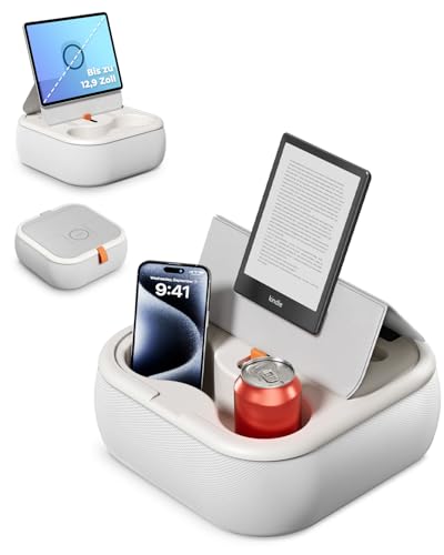 viozon Tablet Ständer, Kindle Kissen Halterung, kompatibel mit 4-13' Handy/Tablet, Magnetischer Tablethalter, Handyhalter, für Bett, mit integriertem Becherhalter, höhenverstellbar, klappbar, Hellgrau