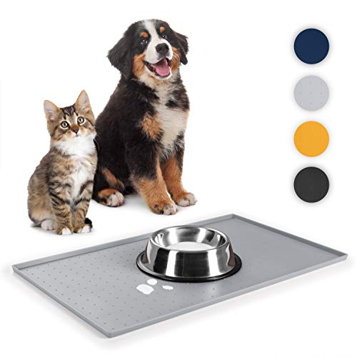 Everanimals Napfunterlage Katzen 30x50 cm - Napfunterlage Hund mit erhöhtem Rand - wasserdichte Hundenapf Unterlage - Katzenmatte aus 100% Silikon - Futternapf Unterlage - Futtermatte Hund in Grau