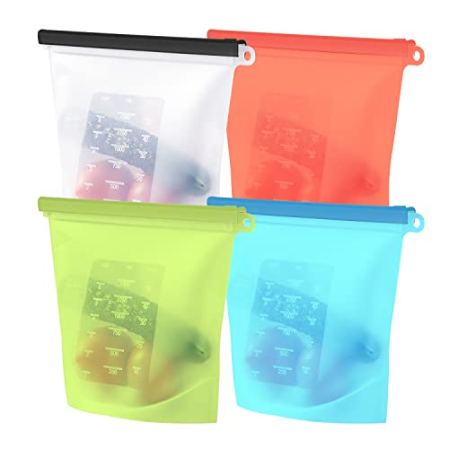 Intirilife 4X Lebensmittelbeutel aus Silikon mit 1L Füllmenge in Mehreren Farben - 24 x 19 x 3 cm - Wiederverwendbar mit Zip Verschluss spülmaschinengeeignet Hält Ihre Lebensmittel länger frisch