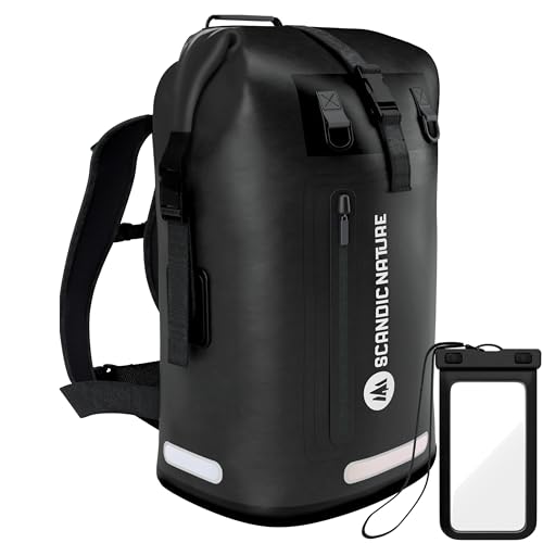 SCANDIC NATURE PIONEER 55L wasserdichter Rucksack schwarz mit Rolltop Verschluss - extra robust dank Boden mit 1000D PVC LKW-Plane, 3 Reflektor-Streifen Rollverschluss, wasserfeste IPX8 Handyhülle
