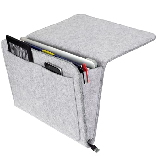 Betttasche Filz Betttasche zum Einhängen Bett, Filz Bett Caddy Organizer zum Einhängen, Dicke Filz Nachttisch Tasche Bett Organizer für Buch, Zeitschriften, iPad, Handy, Fernbedienung -Hellgrau