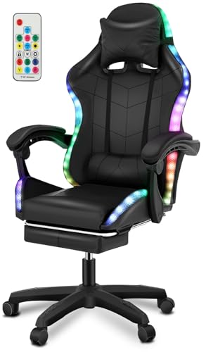 Oyajia Gaming Stuhl LED, RGB Computerstuhl mit Fußstütze und Lendenkissen, Racing Gamer Stuhl Ergonomisch mit Verstellbare Kopfstütze, Bürostuhl Gaming Stuhl 150 kg belastbarkeit