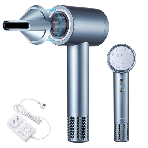 Föhn Kabellos, Ionen Kabelloser Haartrockner Fön mit 110,000 U/min Motor, Akku Föhn mit 4 Aufladungsmodi und Magnetdüse, Reisefön für Frauen, Kinder, Outdoor, Camping, Strand (Graublau)