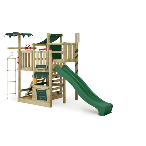 FATMOOSE Spielturm Klettergerüst CrazyCoconut Club XXL mit grüner Rutsche & Plane, Outdoor Kinder Kletterturm mit Sandkasten, Leiter & Spiel-Zubehör für den Garten
