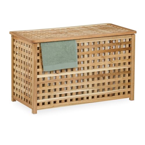 Relaxdays Wäschetruhe, herausnehmbarer Innensack, 90 l, HBT: 47x78x48 cm, Wäschesammler mit Deckel, Walnussholz, natur