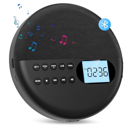 Gueray CD Player Tragbar mit Bluetooth Tragbarer CD Player mit Lautsprecher Integrierte 1500mAh Akku Unterstützung für USB mit 3,5 mm AUX-Kabel für Kinder Hörbücher Musikhören