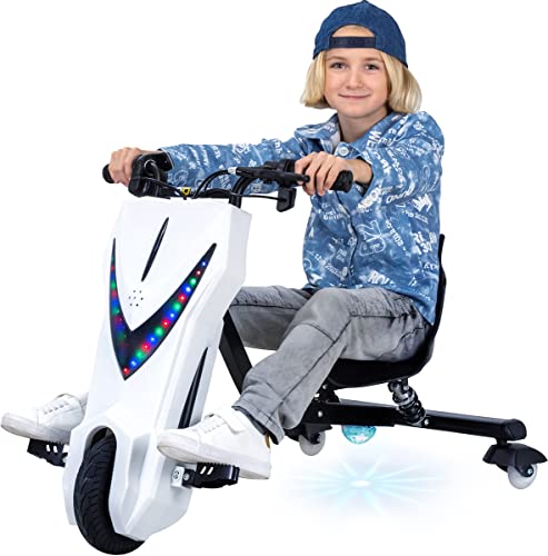 Actionbikes Motors Kinder Elektro Driftscooter | 𝟐𝟓𝟎 Watt Motor - Drift Cart 360°- 3 Geschwindigkeitsstufen - LED-Beleuchtung - Sitz verstellbar - Bluetooth - Drift Kart - Drift Auto (Weiß Matt)