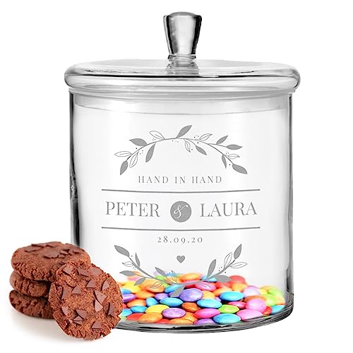 polar-effekt Leonardo Keksdose aus Glas mit individueller Gravur passend zur Hochzeit - Glas-Dose mit Namen - das Hochzeitsgeschenk für die goldene Hochzeit - Jahrestag und Verlobung