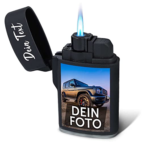 GRAVURZEILE Feuerzeug personalisiert mit eigenem Text und Foto - Hochwertiger UV Druck – Elektrisches Sturmfeuerzeug Windfest und Langlebig - Nachfüllbar - Für Ihn und Sie