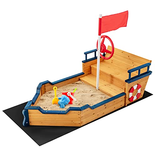 DREAMADE Sandkasten aus Tannenholz, Piratenschiff Boot Segelschiff, Sandkiste mit Bodenplane und Sitzbank, für Garten Sandbox Outdoor (Modell 1)