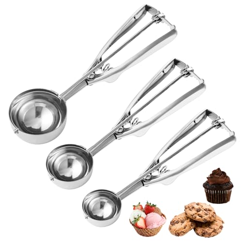 Keksportionierer Set, 3 Stück Eisportionierer Edelstahl (1 EL, 2 EL, 3 EL), Eislöffel Portionierer mit Auslöser für Cupcakes, Eiscreme, Muffins, Fleischbällchen, Melonenkugeln