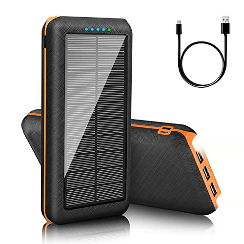 Solar Powerbank 30000mAh Externer Akku: Power Bank Tragbares Ladegerät mit LED-Licht, 3 USB Ausgängen & 2 Eingängen Handy Akkupack für Camping Outdoor Kompatibel mit Phone | Android (Orange)