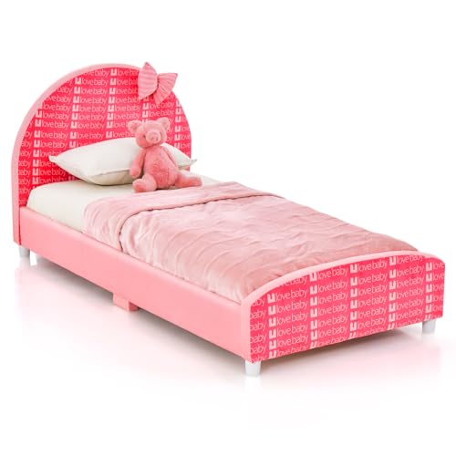 DREAMADE Kinderbett 70 x 140 cm, Kleinkind Jugendbett mit gebogenen Kopfteil, Schleifendekoration & Lattenrost, Babybett Kinder Bett für Jungen & Mädchen ab 2 Jahren (Rosa)