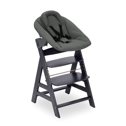 hauck Alpha Newborn Set Plus, Dark Grey - Babystuhl mit Premium Neugeborenenaufsatz ab Geburt, Mitwachsender Holzhochstuhl bis 90 kg Inklusive 5-Punkt-Gurt, Schrittgurt & Schutzbügel