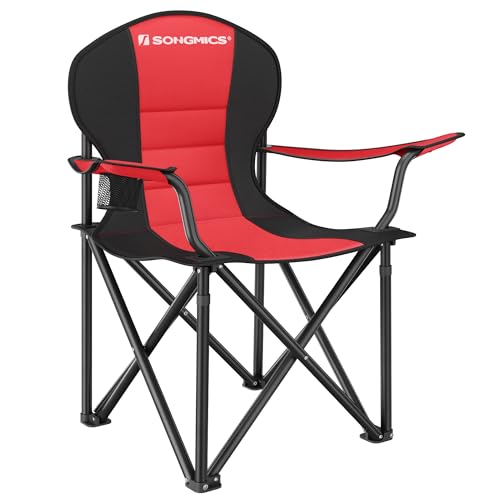 SONGMICS Campingstuhl, klappbar, Klappstuhl, bequemer mit Schaumstoff gepolsterter Sitz, mit Flaschenhalter, hoch belastbar, max. Belastbarkeit 250 kg, Outdoor Stuhl, rot GCB06BK