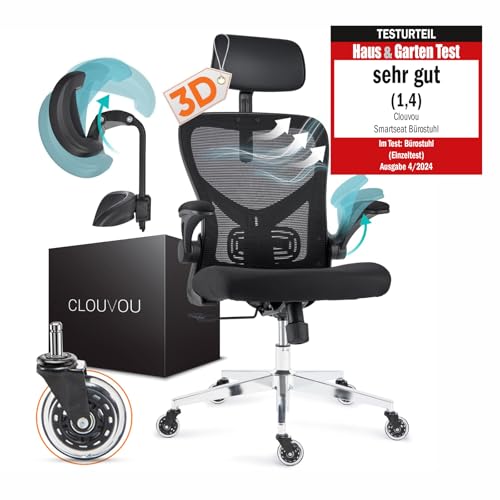 CLOUVOU SmartSeat Bürostuhl Ergonomisch | Schreibtischstuhl [3D PU Leder Kopfstütze, Blade Wheels, Chrom-Metall] | Büro Stuhl, Computerstuhl Home Office Chair Ergonomic, Drehstuhl 150 kg