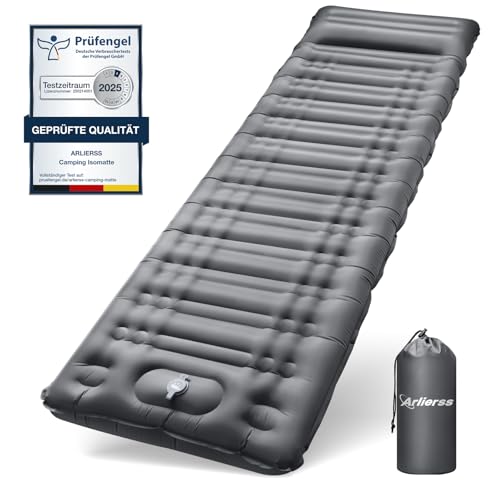 Arlierss Isomatte Selbstaufblasend,12cm Höhe Luftmatratze Camping mit Fußpresse Pumpe, Kompakte und Leichte Schlafmatte mit Kissen für Outdoor, Wandern, Reise, Strand-Grau