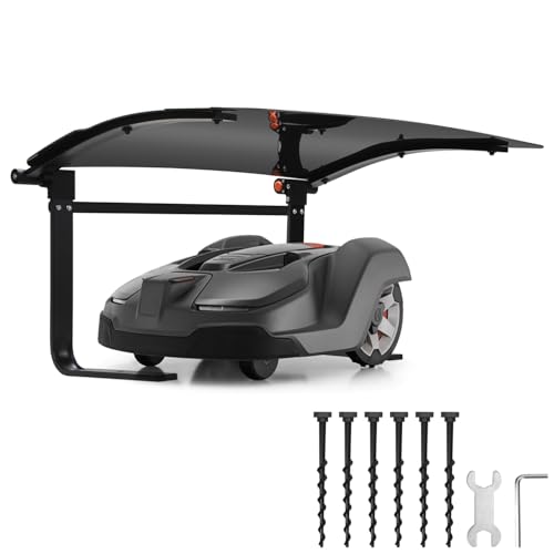 Jiubiaz Mähroboter Garage Überdachtes Carport für Mähroboter Dach, Garage für Mähroboter Rasenmäher Witterungsbeständig 73 x 57 x 40cm Material Metall+Kunststoff
