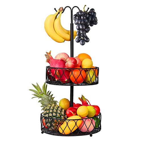 DUGEHO Obst Etagere bananenhalter 2Stöckig Obstkorb für Mehr Platz auf der Arbeitsplatte - Aufbewahrung für Obst & Gemüse, Obstschale, Obst Ständer(schwarz)