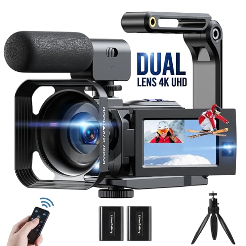 CAMWORLD 4K Videokamera Camcorder Doppellinse 56MP WiFi IR Nachtsicht Vlogging Kamera für YouTube 16X Digital Zoom 3-Zoll Touchscreen Recorder Kamera mit Mikrofon, 2 Batterien,Fernbedienung