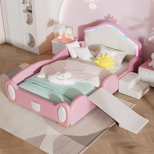 LATICO Kinderbett 90x200 Polsterbett Einzelbett, Crown Cartoon Kopfteil mit MehrfarbigemLED, Kinderbett mit Kleiner Rutsche & Treppe, Bettgestell mit Lattenrost aus Holz, Ohne Matratze, PU Rosa+Beige