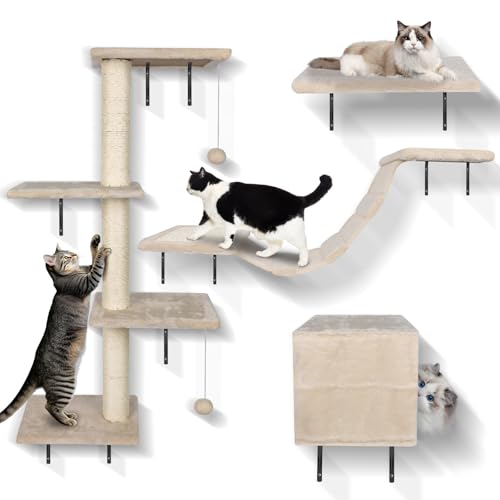 MASTERTOP Kletterwand Katzen Set, 10 -teiliges Groß Kratzbaum Kletterwand für Katzen, Katzenmöbel Wandpark mit Katzenhaus, Katzenbrücke, Sisal Kratzsäulen für den Innenbereich bis 10 kg
