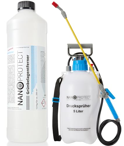 Nanoprotect Grünbelagentferner Konzentrat | Algenentferner und Fassadenreiniger | Kein Hochdruckreiniger nötig | Ideal für Pflastersteine und Gehwege | 1 kg + Drucksprüher für bis zu 200 m²